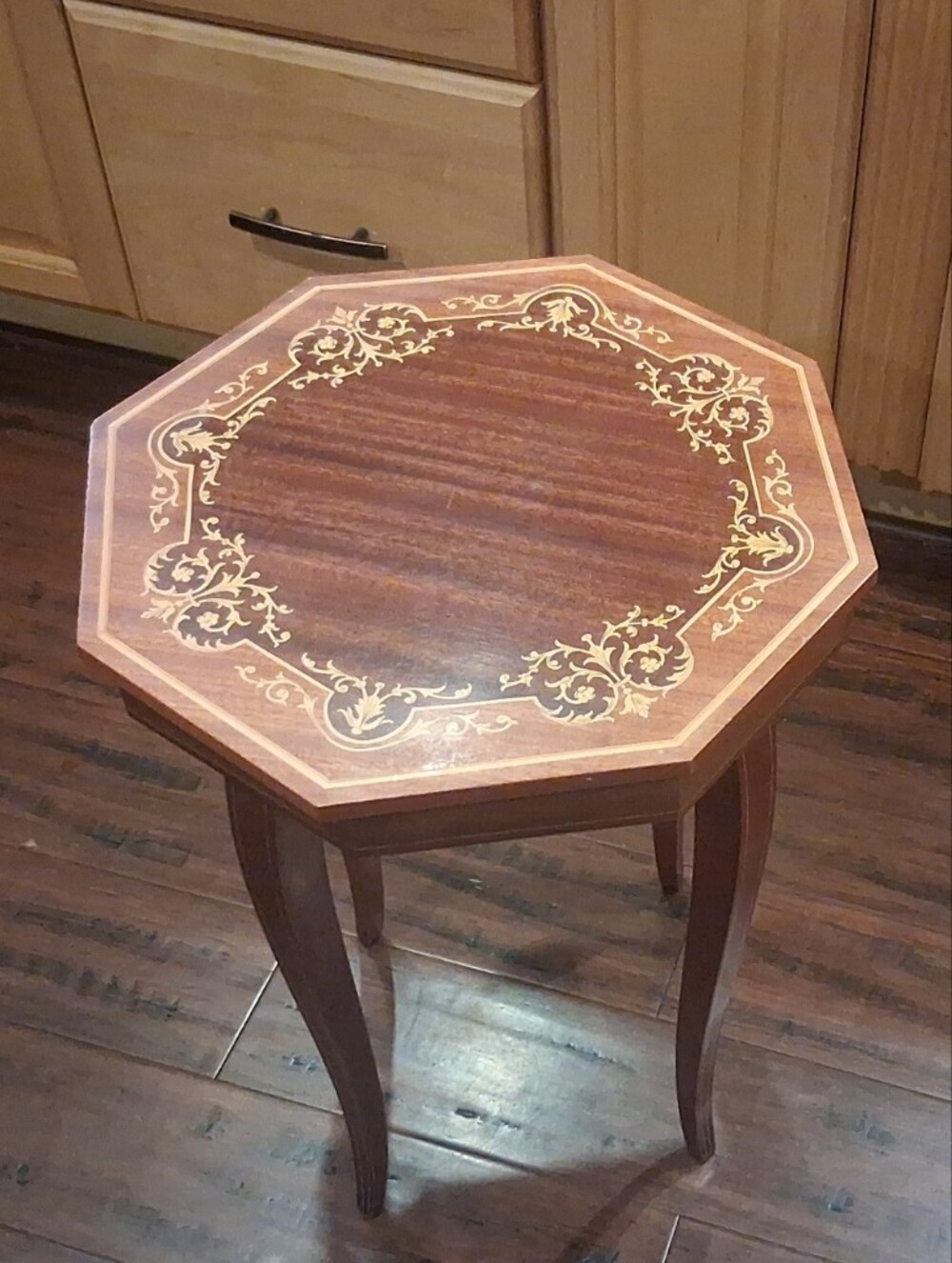 Octagonal Itialian Music Box Accent Side Table with Gold Scroll Inlay